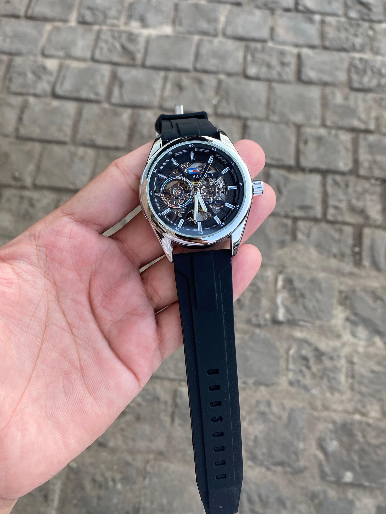Tommy Hil_figer AUTOMATIC Skeleton Open Heart Watch For Men 