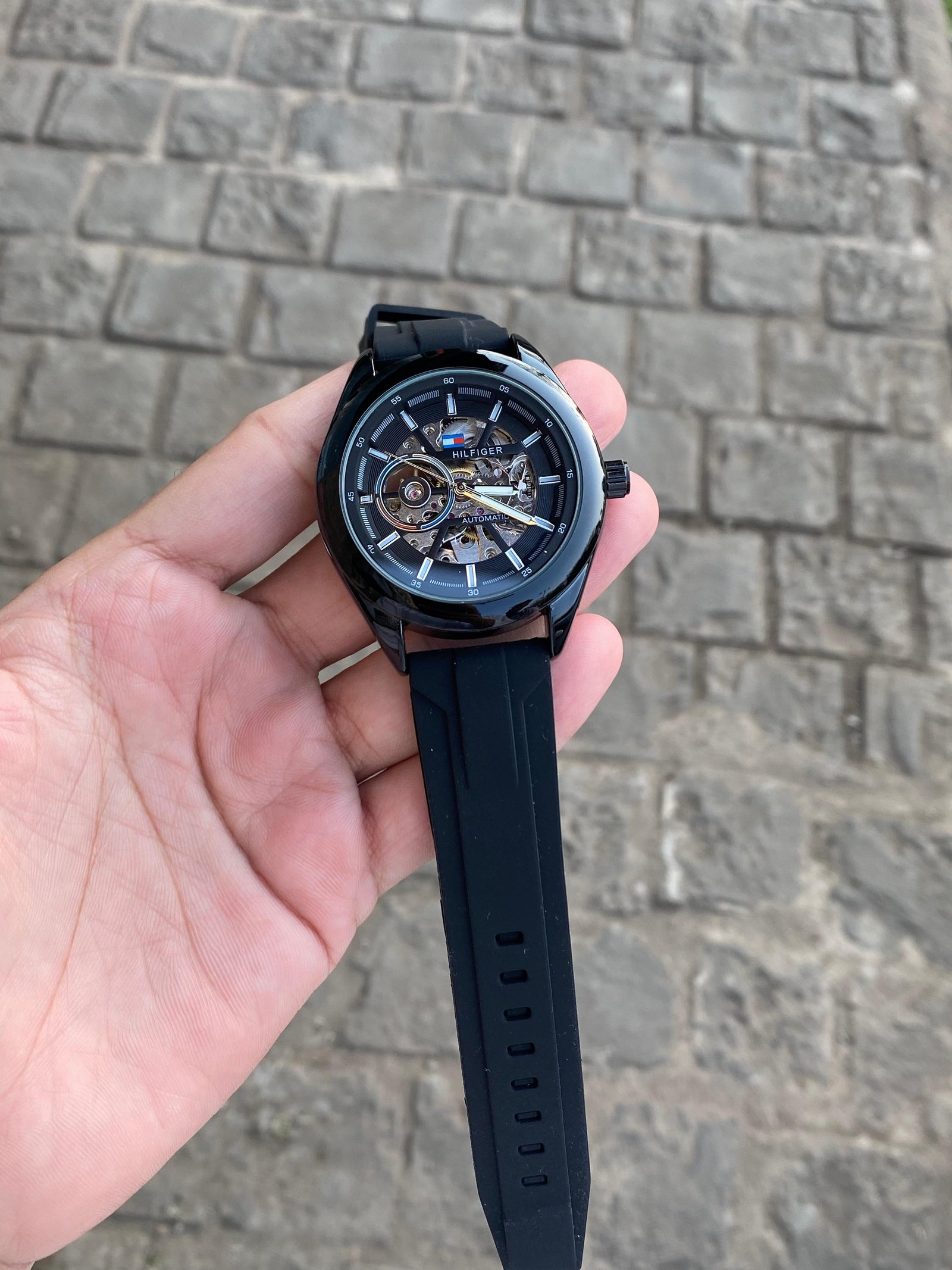 Tommy Hilfiger AUTOMATIC Skeleton Open Heart Back BLACK LUXURY WATCH FOR MEN 