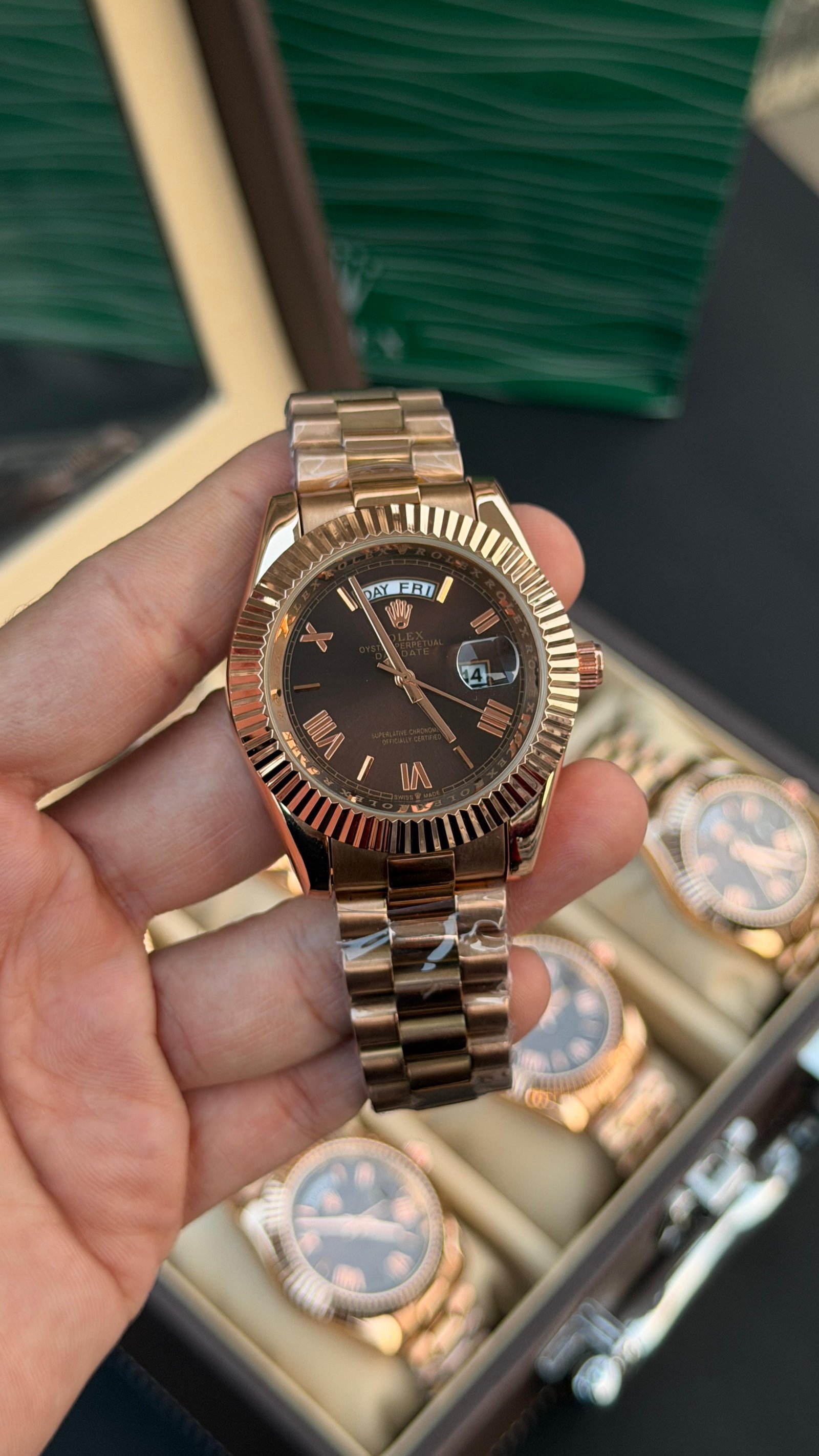 Rolex DAYDATE Rose Gold Brown Luxury Watch For Men 