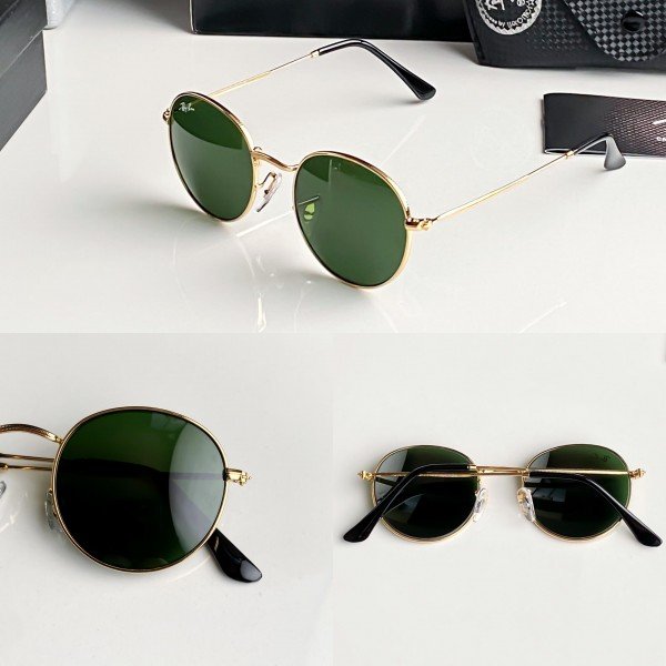 Ray-Ban 3447 Green Gold Premium Round Sunglass 