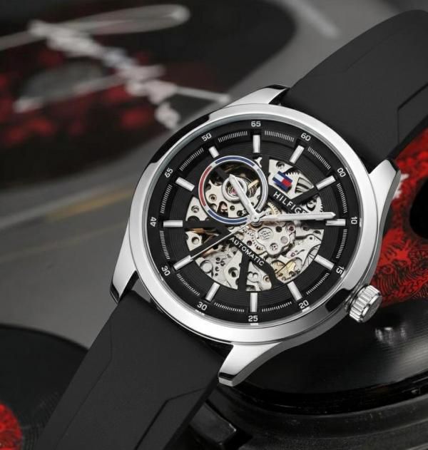 Tommy Hil_figer AUTOMATIC Skeleton Open Heart Watch For Men 